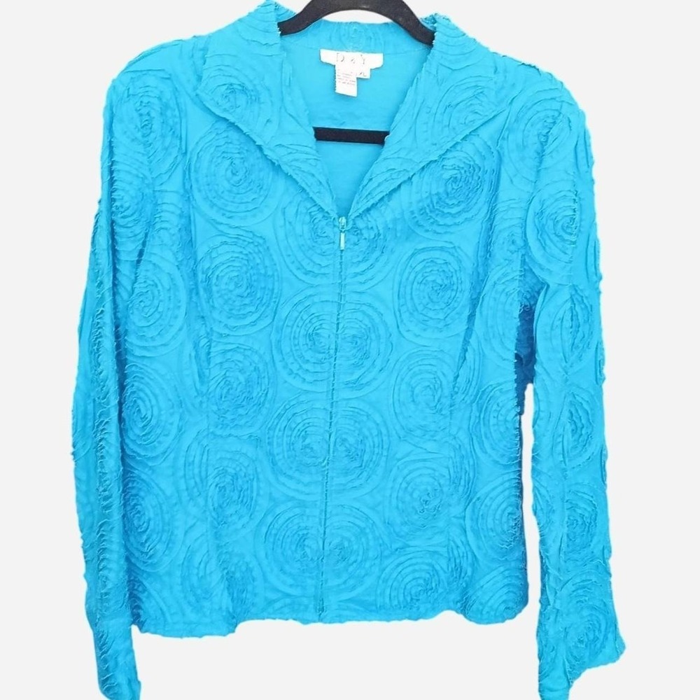 D & Y Vintage Blue Spiral Jacquard Zip Up Jacket With Textured Details Size XL
